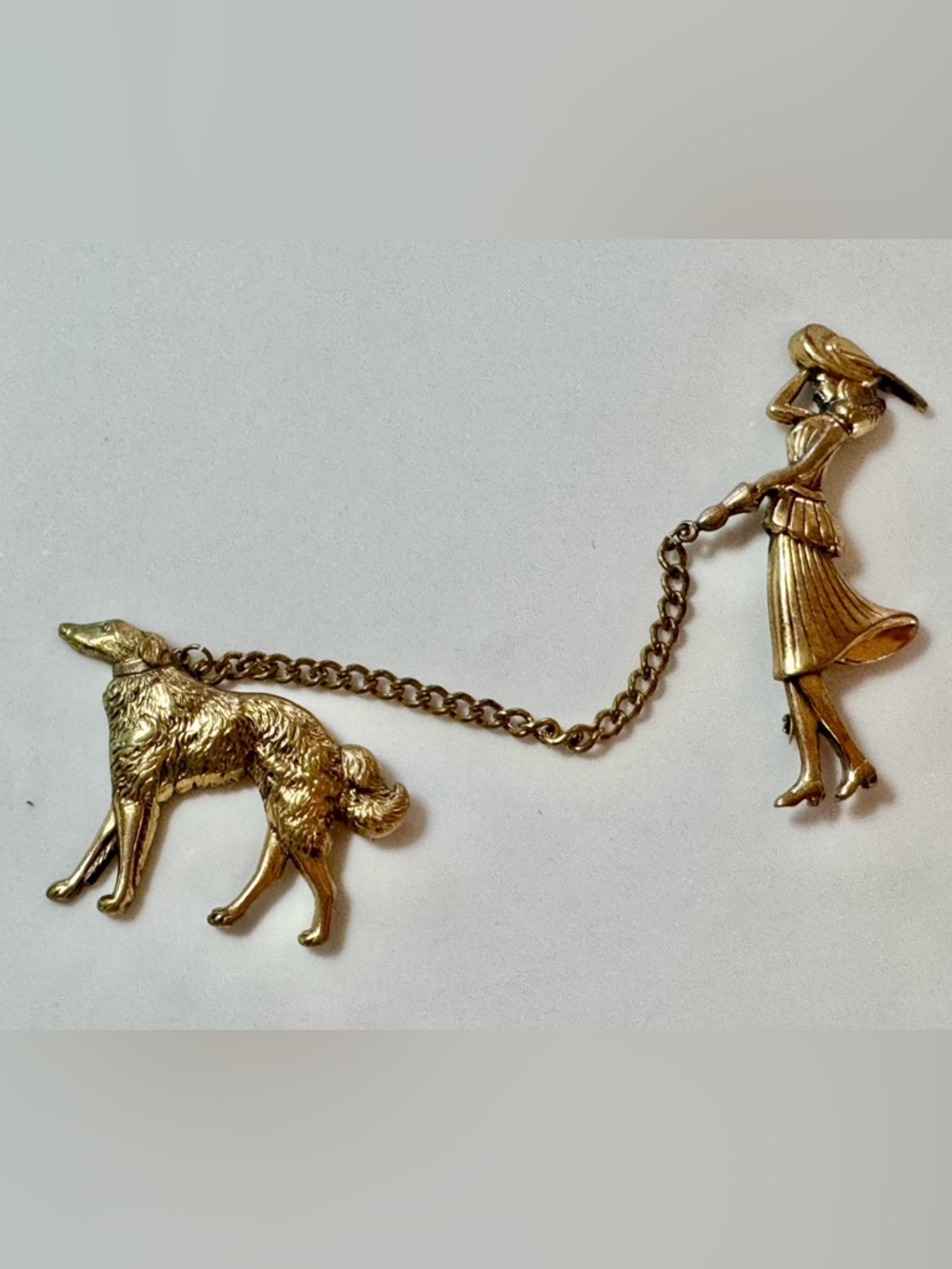 Vintage Coro Pegasus Chatelaine Woman Walking  Borzoi - Wolfhound Dog Brooch